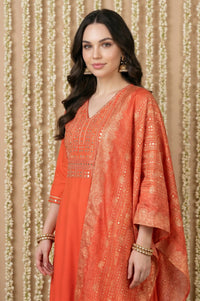 Orange Mirror Work Rayon Straight Kurta with Pant and Dupatta Set