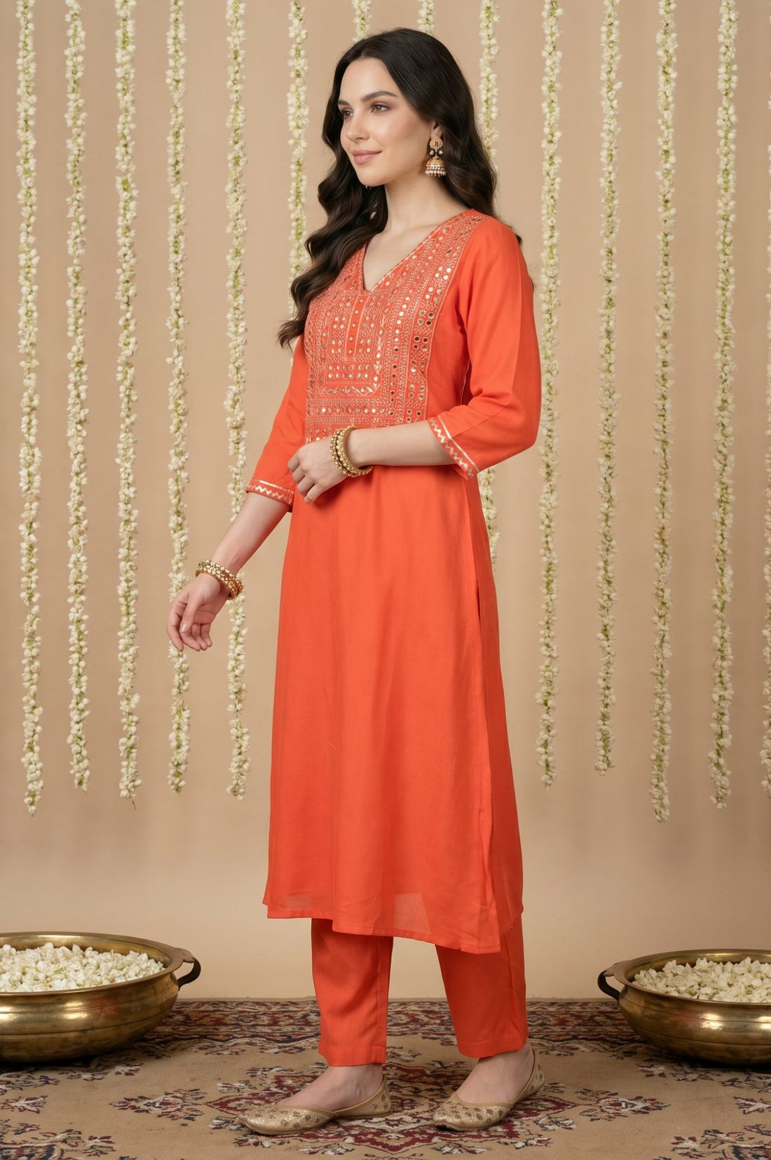 Orange Mirror Work Rayon Straight Kurta with Pant and Dupatta Set