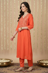 Orange Mirror Work Rayon Straight Kurta with Pant and Dupatta Set