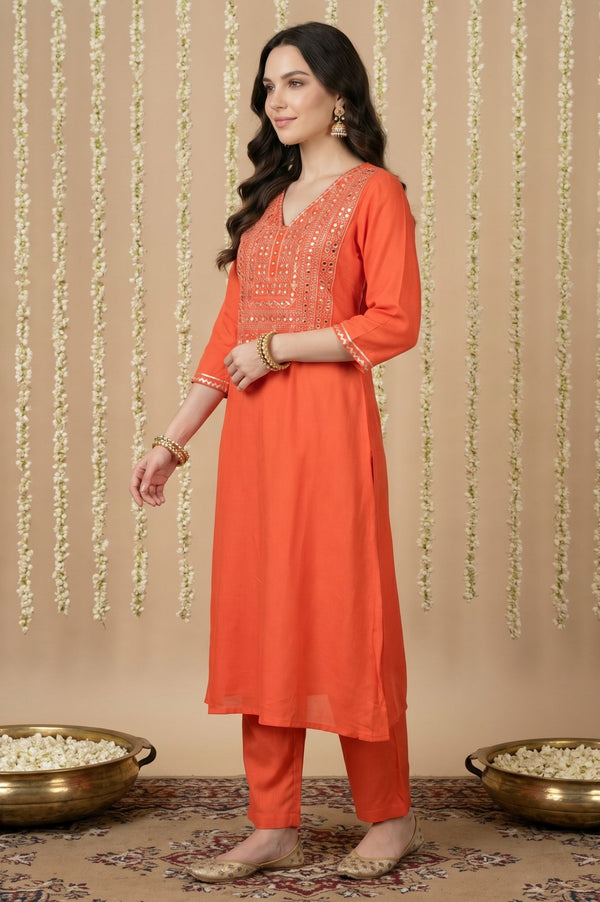 Orange Mirror Work Rayon Straight Kurta with Pant and Dupatta Set