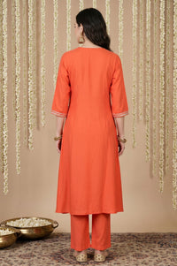 Orange Mirror Work Rayon Straight Kurta with Pant and Dupatta Set