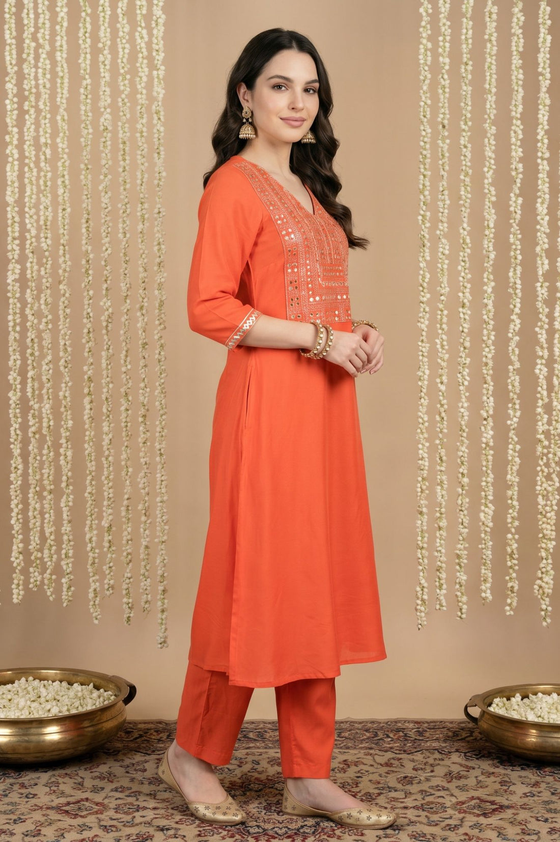 Orange Mirror Work Rayon Straight Kurta with Pant and Dupatta Set
