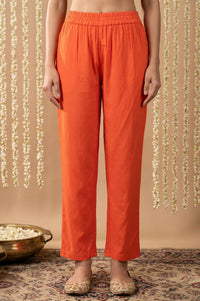Orange Mirror Work Rayon Straight Kurta with Pant and Dupatta Set