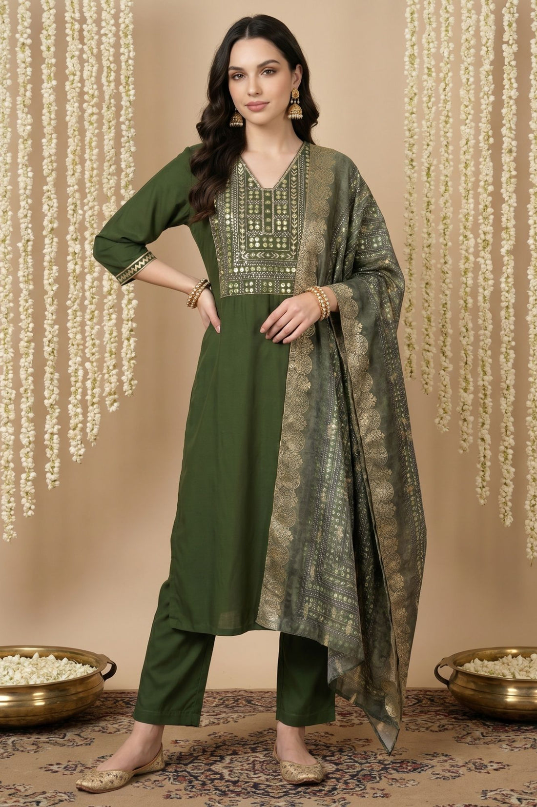 Green Mirror Work Rayon Straight Kurta with Pant and Dupatta Set