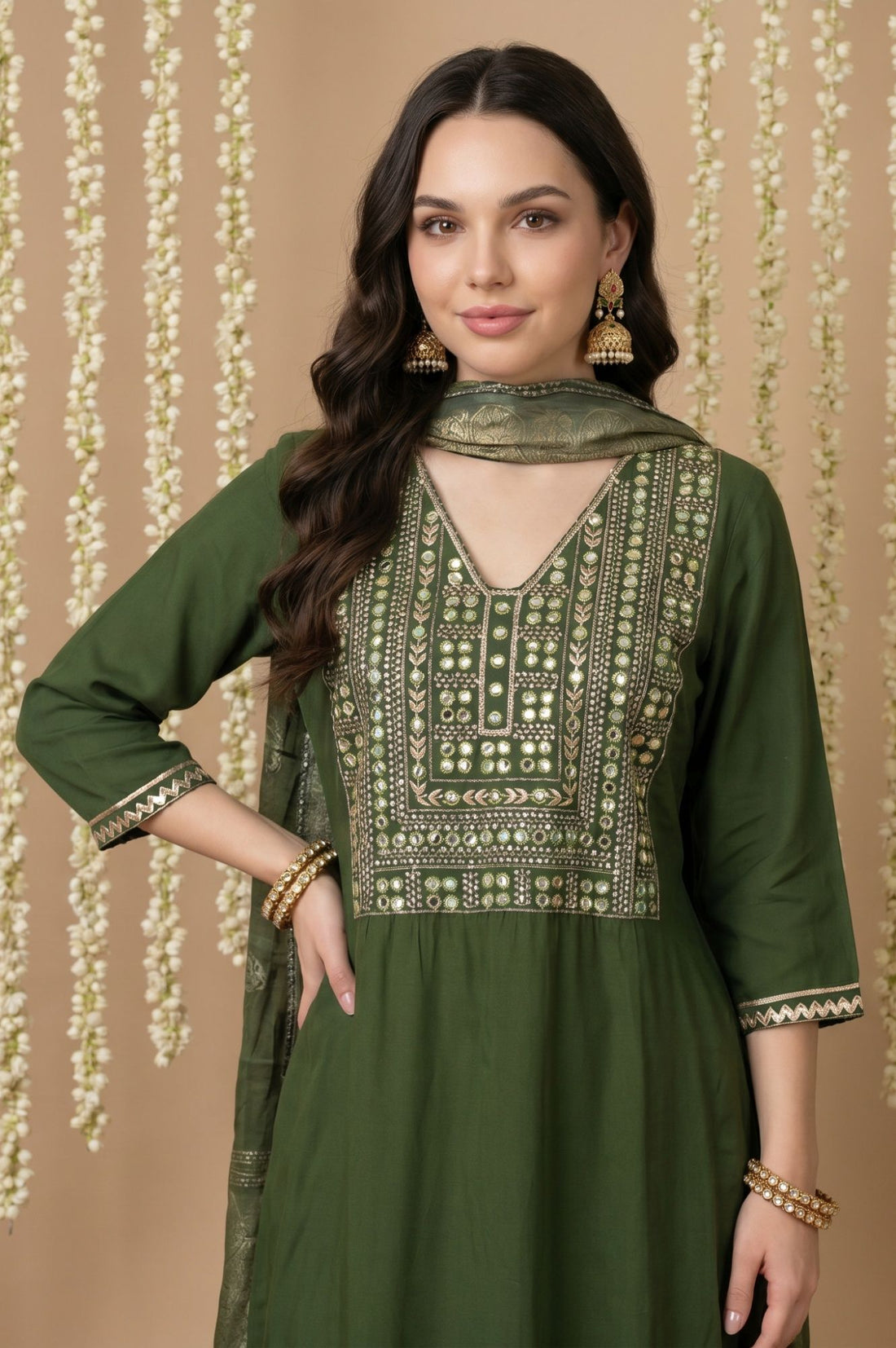 Green Mirror Work Rayon Straight Kurta with Pant and Dupatta Set