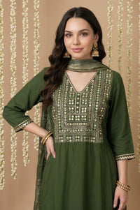 Green Mirror Work Rayon Straight Kurta with Pant and Dupatta Set