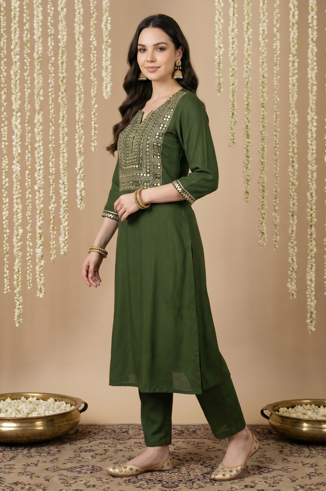 Green Mirror Work Rayon Straight Kurta with Pant and Dupatta Set