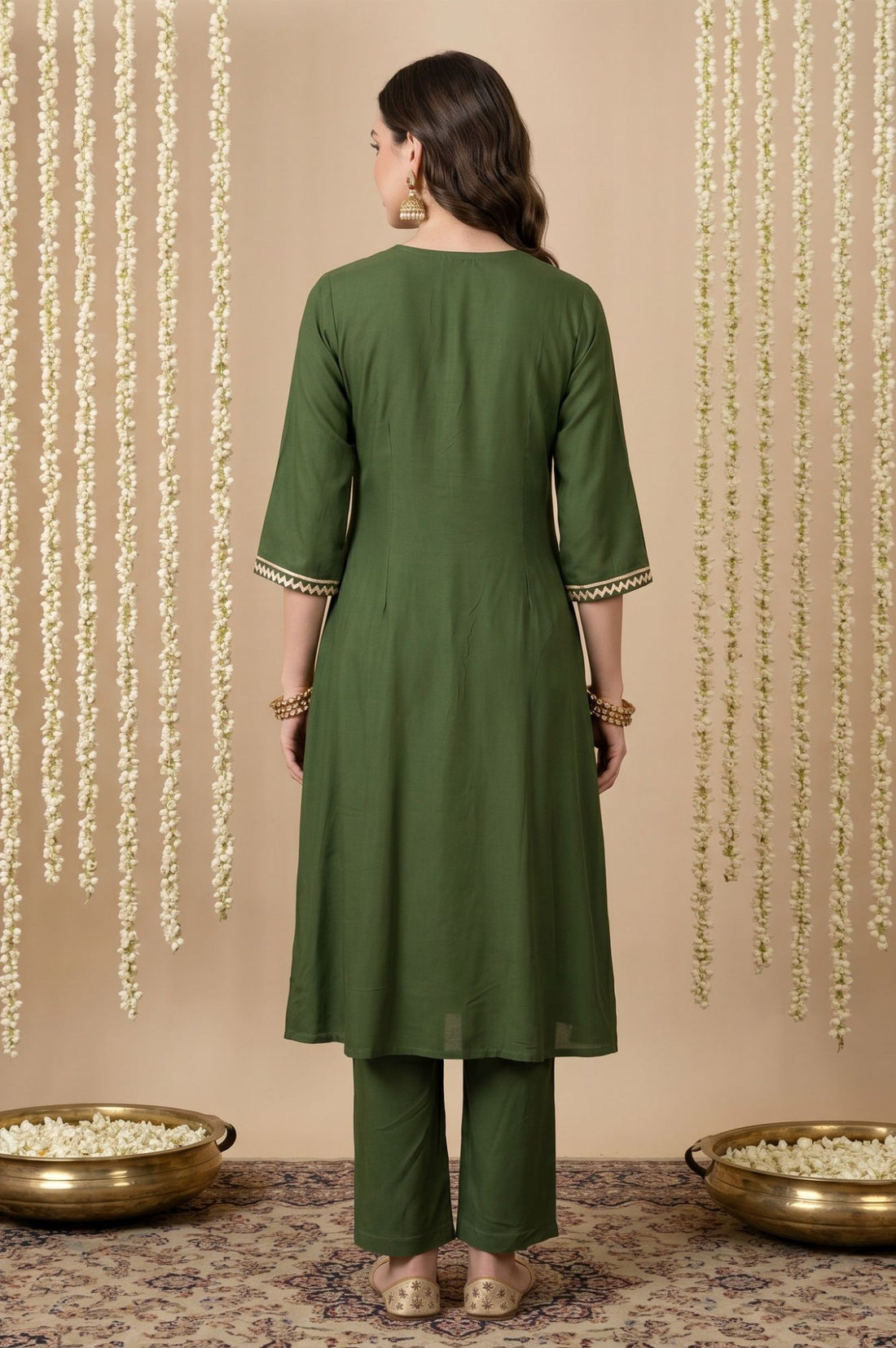 Green Mirror Work Rayon Straight Kurta with Pant and Dupatta Set