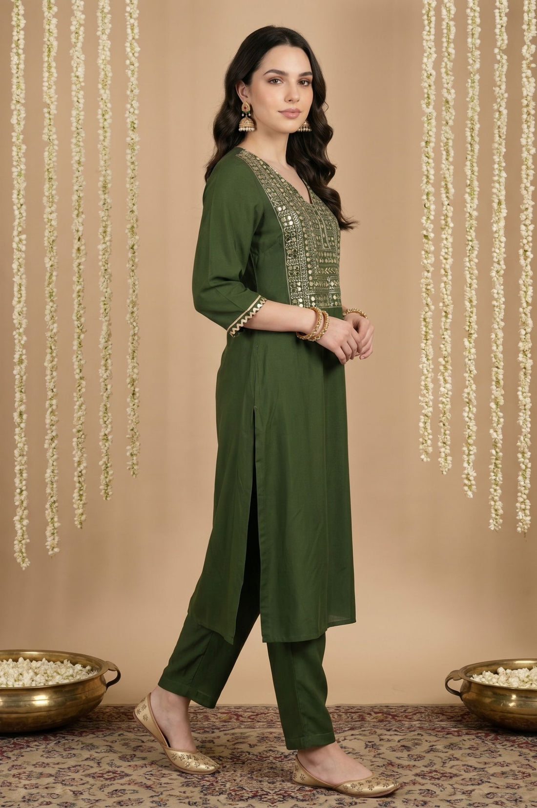 Green Mirror Work Rayon Straight Kurta with Pant and Dupatta Set