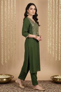 Green Mirror Work Rayon Straight Kurta with Pant and Dupatta Set