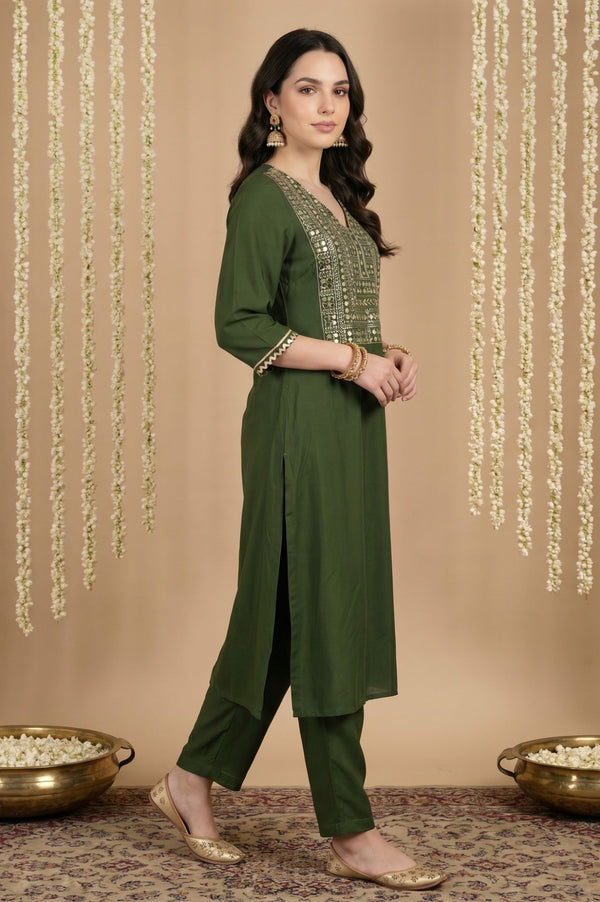 Green Mirror Work Rayon Straight Kurta with Pant and Dupatta Set