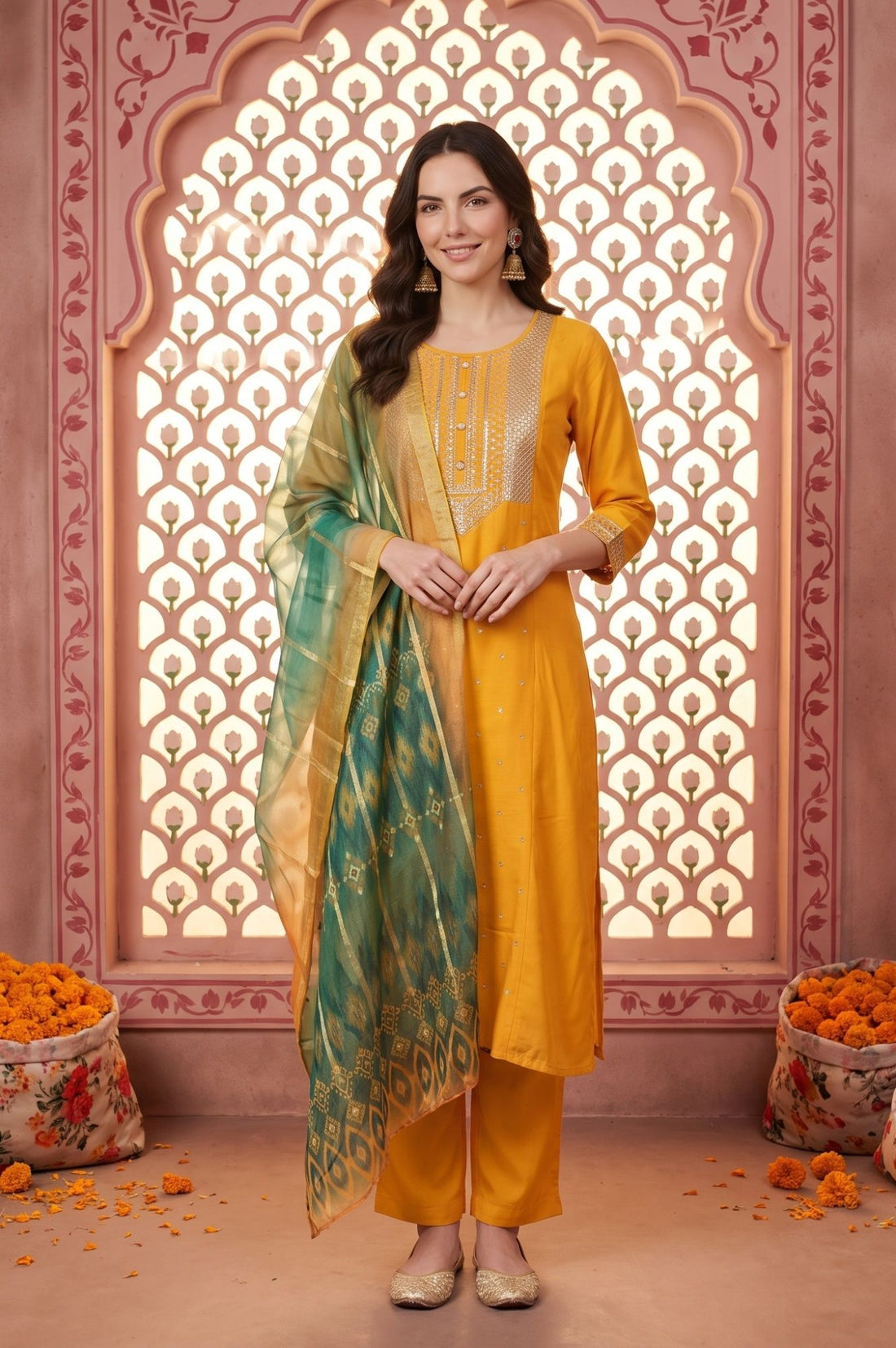 Yellow Embroidered Rayon Straight Kurta with Trouser and Dupatta Set