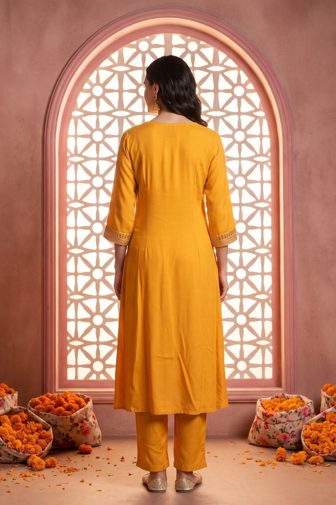 Yellow Embroidered Rayon Straight Kurta with Trouser and Dupatta Set