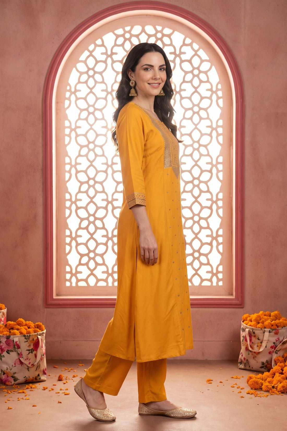 Yellow Embroidered Rayon Straight Kurta with Trouser and Dupatta Set