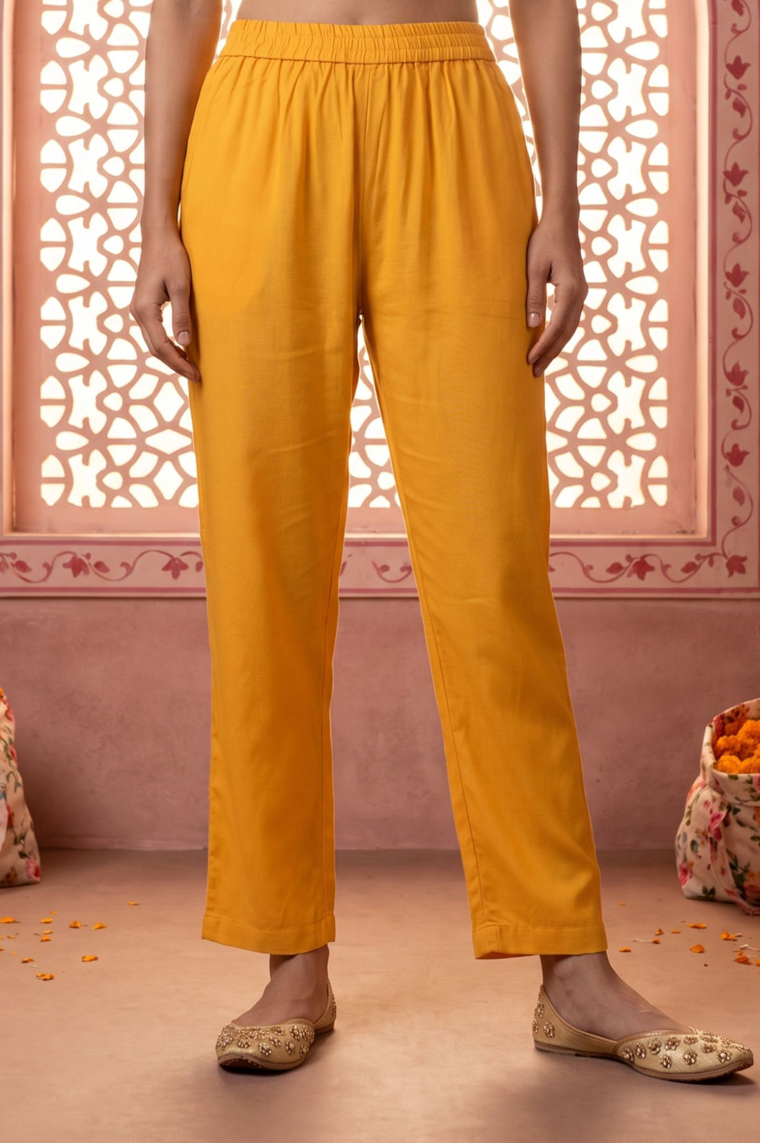 Yellow Embroidered Rayon Straight Kurta with Trouser and Dupatta Set