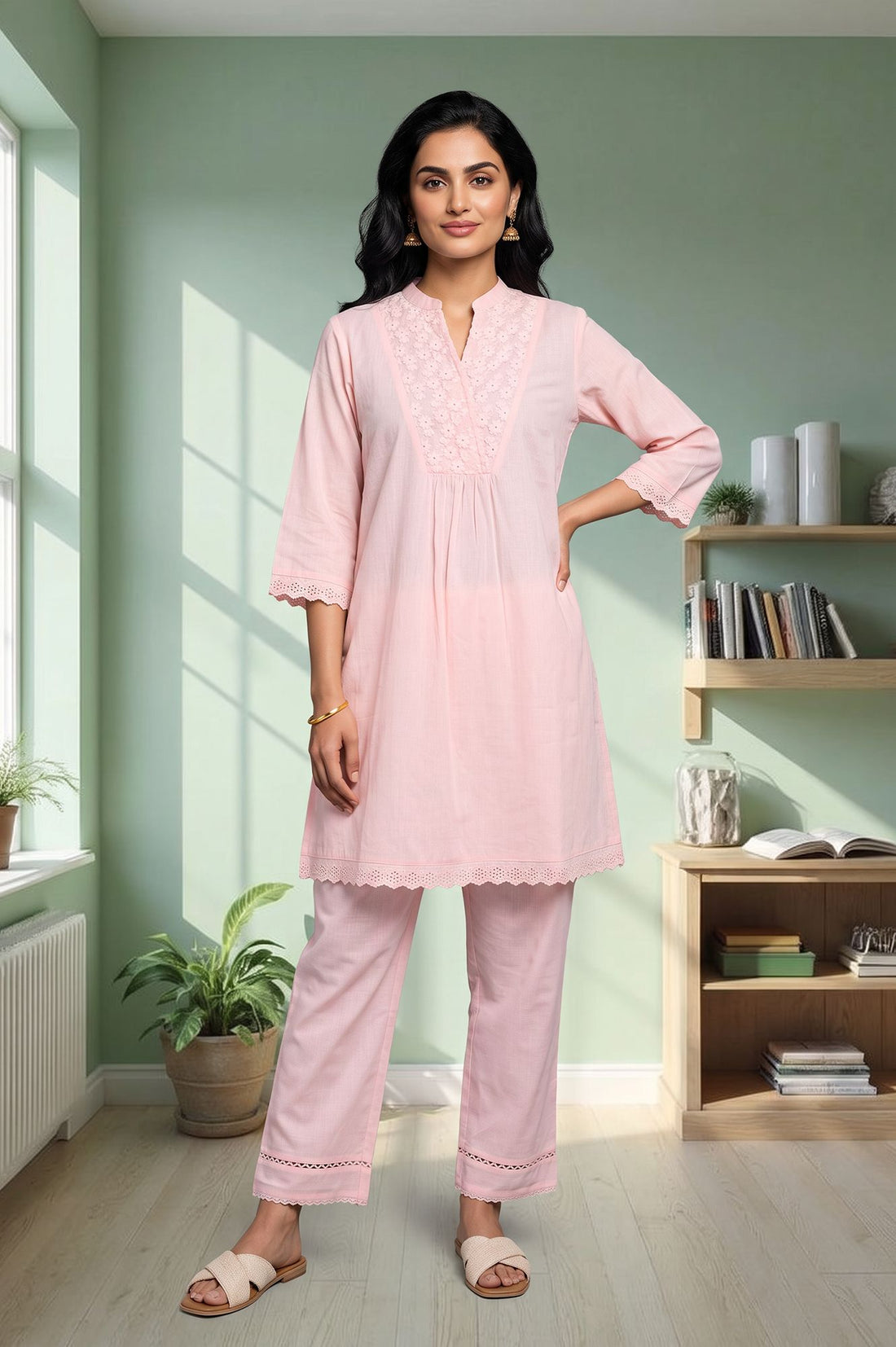 Pink Thread Embroidered Cotton Flax Straight Kurta with Palazzo Set