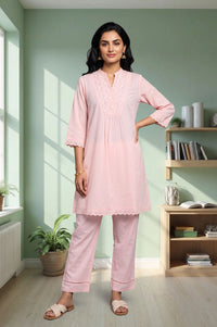 Pink Thread Embroidered Cotton Flax Straight Kurta with Palazzo Set