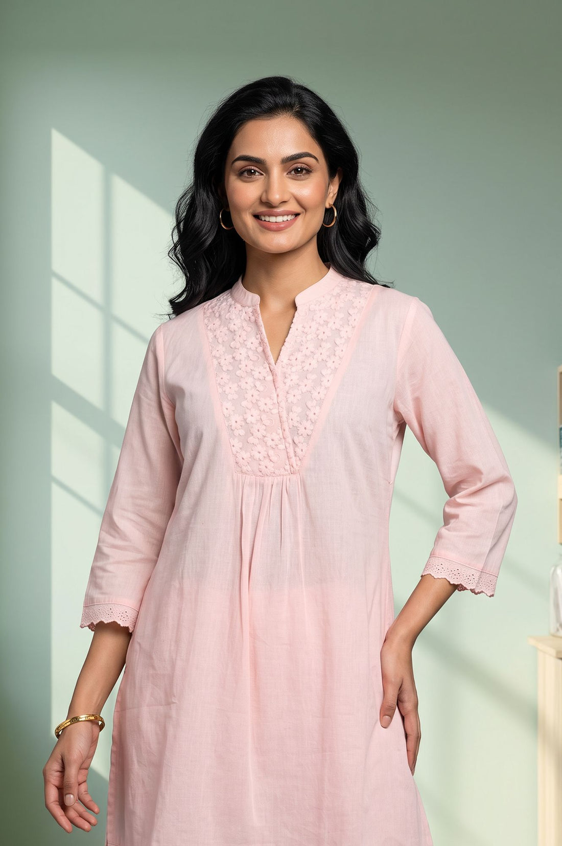 Pink Thread Embroidered Cotton Flax Straight Kurta with Palazzo Set
