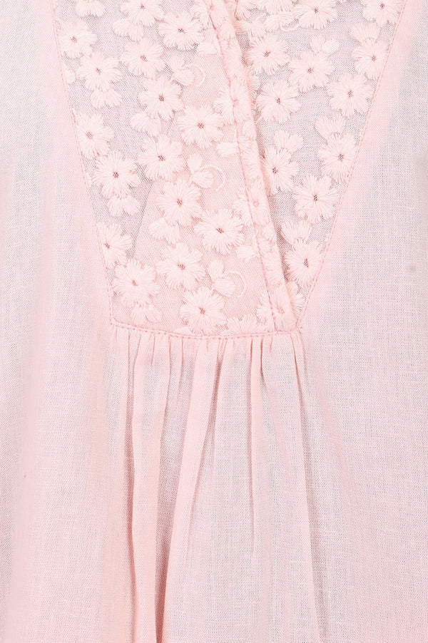 Pink Thread Embroidered Cotton Flax Straight Kurta with Palazzo Set