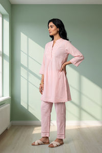 Pink Thread Embroidered Cotton Flax Straight Kurta with Palazzo Set