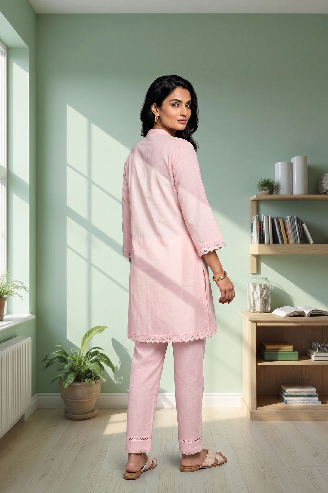 Pink Thread Embroidered Cotton Flax Straight Kurta with Palazzo Set