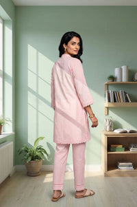 Pink Thread Embroidered Cotton Flax Straight Kurta with Palazzo Set