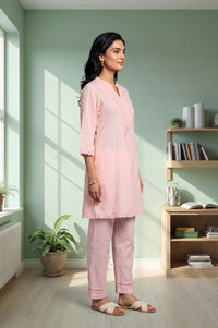 Pink Thread Embroidered Cotton Flax Straight Kurta with Palazzo Set
