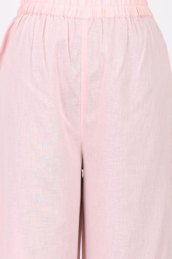 Pink Thread Embroidered Cotton Flax Straight Kurta with Palazzo Set