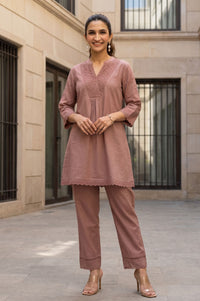 Pink Schiffli Thread Embroidered Cotton Flax Straight Kurta with Palazzo Set