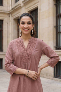 Pink Schiffli Thread Embroidered Cotton Flax Straight Kurta with Palazzo Set