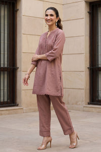 Pink Schiffli Thread Embroidered Cotton Flax Straight Kurta with Palazzo Set