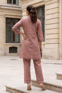 Pink Schiffli Thread Embroidered Cotton Flax Straight Kurta with Palazzo Set