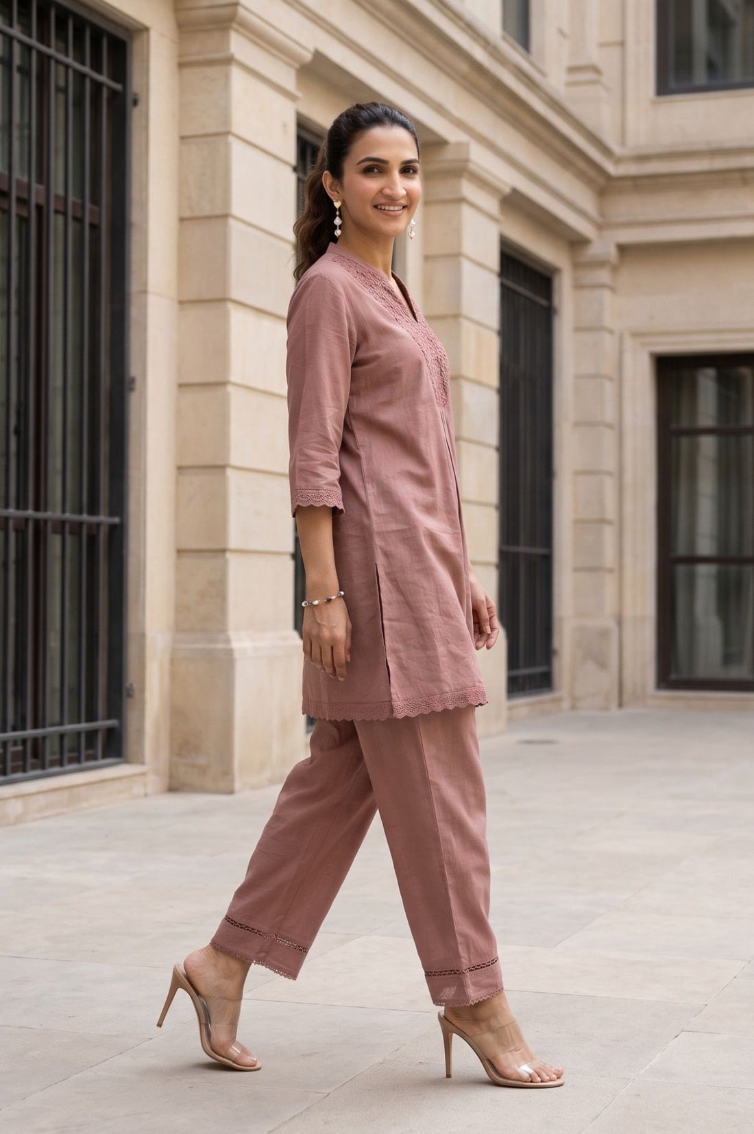 Pink Schiffli Thread Embroidered Cotton Flax Straight Kurta with Palazzo Set