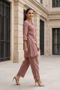 Pink Schiffli Thread Embroidered Cotton Flax Straight Kurta with Palazzo Set