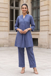 Blue Thread Embroidered Cotton Flax Straight Kurta with Palazzo Set
