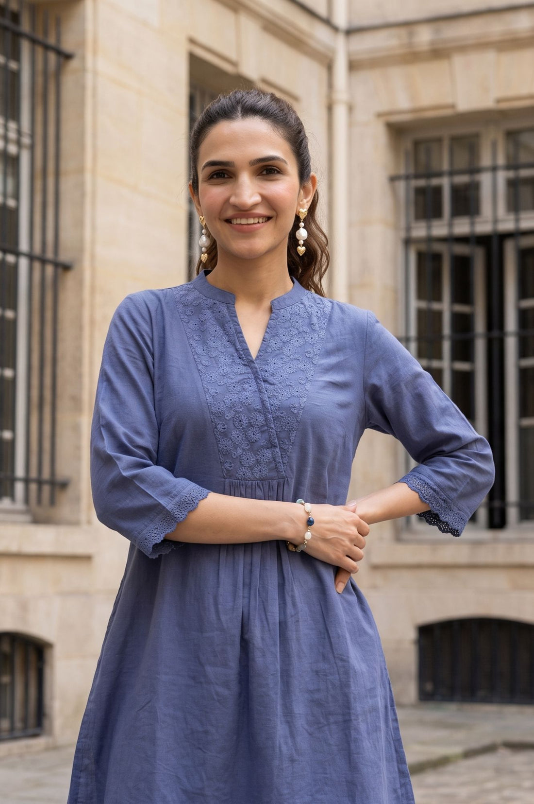 Blue Thread Embroidered Cotton Flax Straight Kurta with Palazzo Set