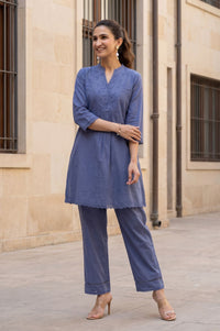 Blue Thread Embroidered Cotton Flax Straight Kurta with Palazzo Set