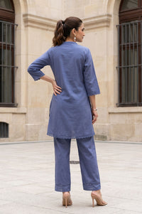 Blue Thread Embroidered Cotton Flax Straight Kurta with Palazzo Set