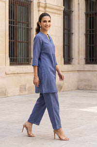 Blue Thread Embroidered Cotton Flax Straight Kurta with Palazzo Set