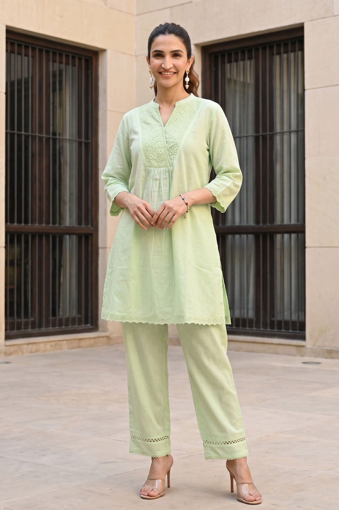 Green Thread Embroidered Cotton Straight Kurta with Palazzo Set