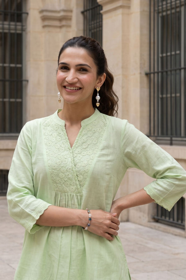 Green Thread Embroidered Cotton Straight Kurta with Palazzo Set