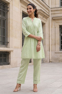 Green Thread Embroidered Cotton Straight Kurta with Palazzo Set