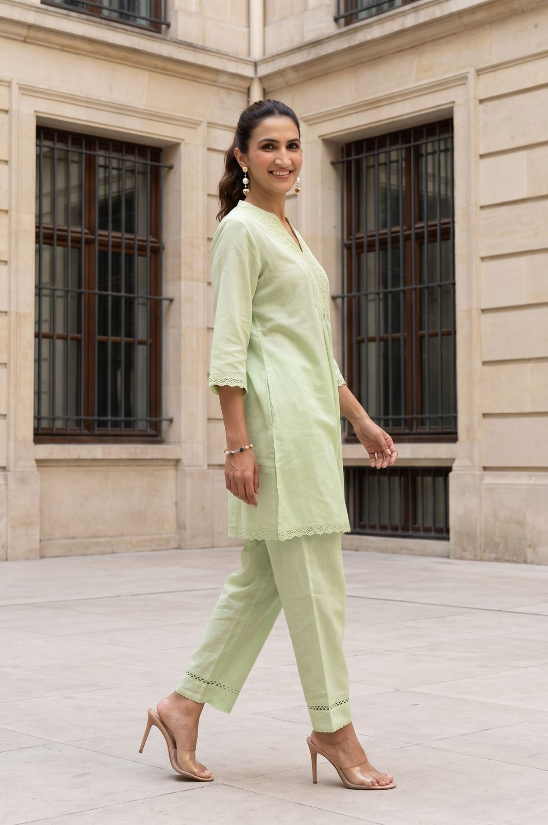 Green Thread Embroidered Cotton Straight Kurta with Palazzo Set