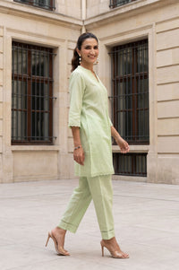 Green Thread Embroidered Cotton Straight Kurta with Palazzo Set