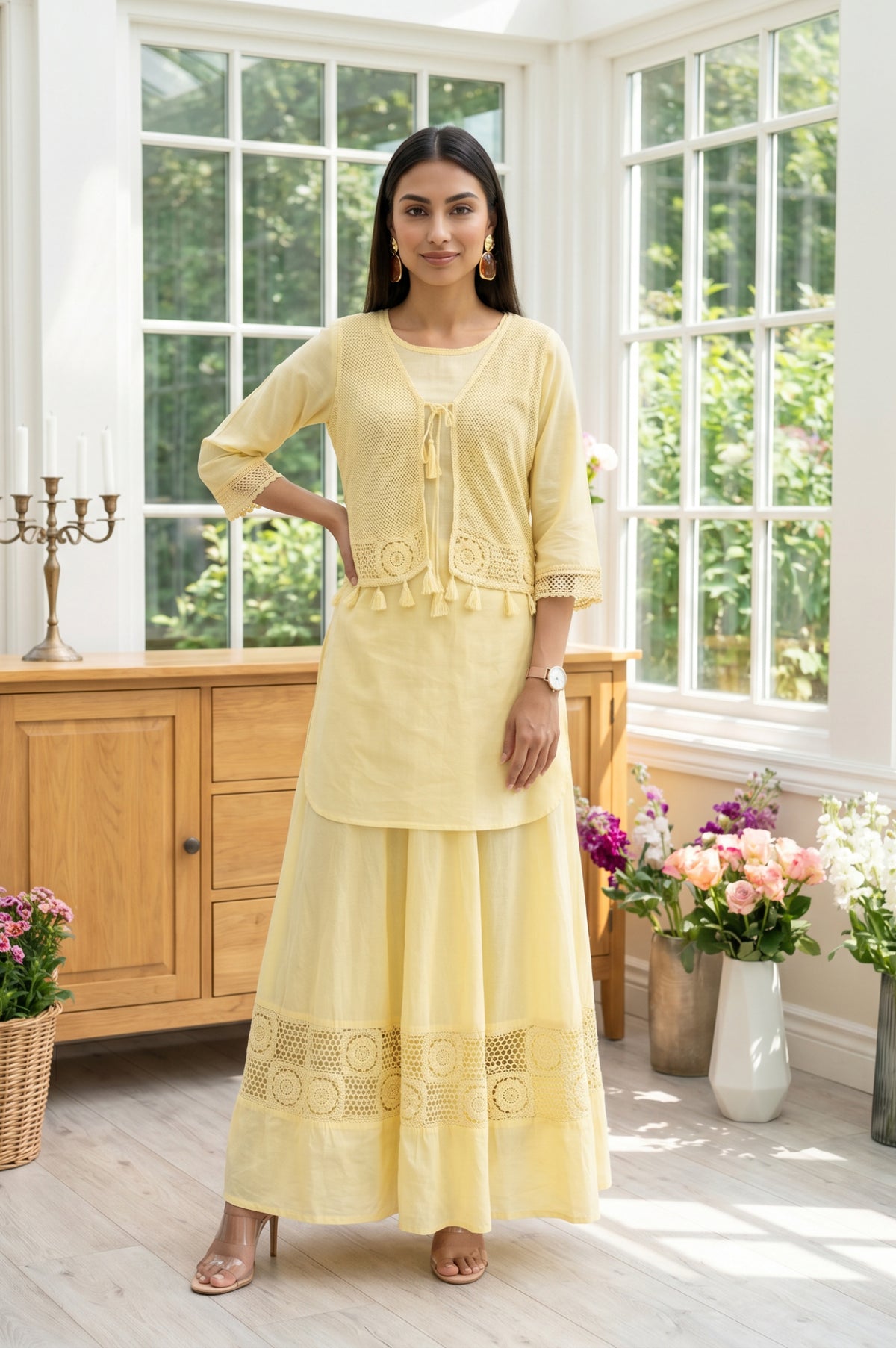 Aurelia Women's Yellow Solid Lace Pure Cotton Straight Kurta with Skirt and Jacket Set - S