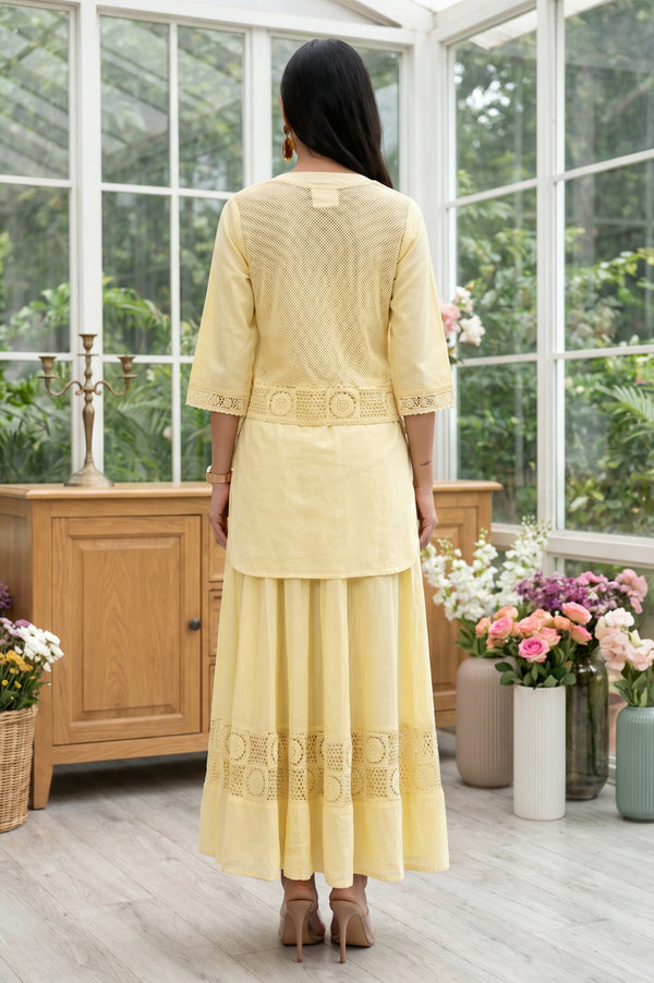 Aurelia Women's Yellow Solid Lace Pure Cotton Straight Kurta with Skirt and Jacket Set