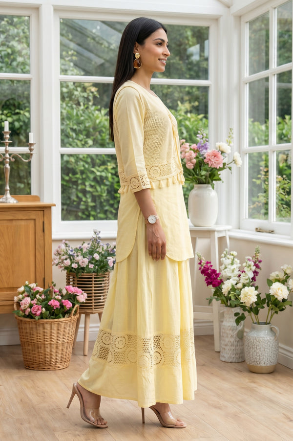 Aurelia Women's Yellow Solid Lace Pure Cotton Straight Kurta with Skirt and Jacket Set
