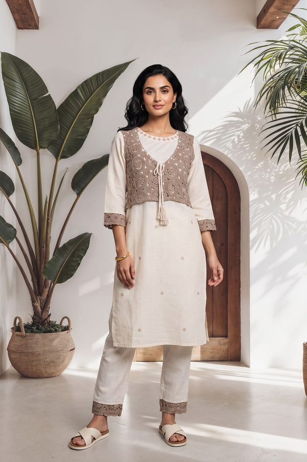 Off White Lace Cotton Flax Straight Kurta with Palazzo Set