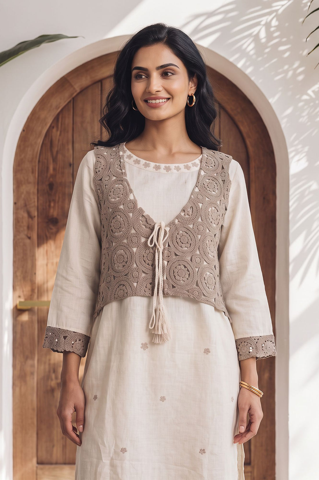 Off White Lace Cotton Flax Straight Kurta with Palazzo Set