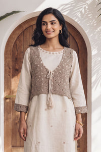 Off White Lace Cotton Flax Straight Kurta with Palazzo Set